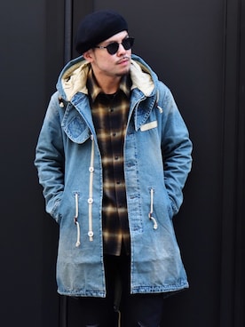 「Subciety（サブサエティ）のアイテム（ハンチング/ベレー帽）」を使った、小原 壮大朗さん（メンズ・181cm）の春コーディネート