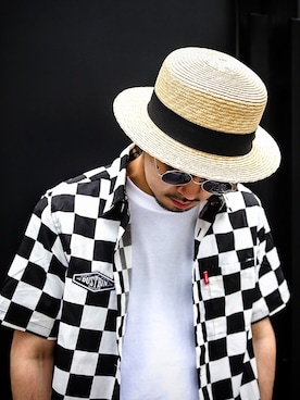 「Subciety（サブサエティ）のCHECKER MESH SHIRT（シャツ/ブラウス、ブラック系）」を使った、小原 壮大朗さん（メンズ・180cm）の夏コーディネート