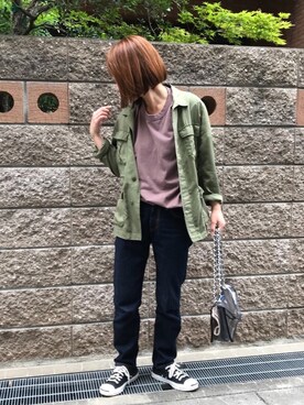 「NANO universe（ナノユニバース）のアイテム（ミリタリージャケット）」を使った、fumiさん（レディース・158cm）の春コーディネート