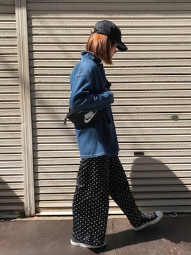 「ドットパンツ」｜「アイテム（デニムジャケット）」を使った、fumiさん（レディース・158cm）の春コーディネート