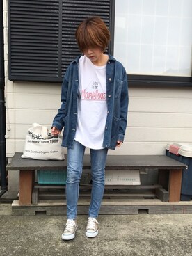 fumiさんの「ポケット付きオーバーサイズシャツ風デニムカバーオールジャケット」を使ったコーディネート