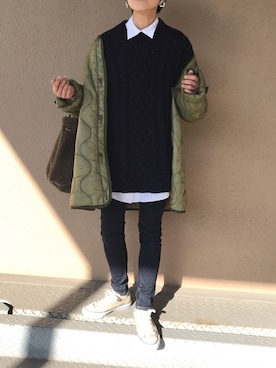 「UNIQLO（ユニクロ）のWOMEN ウルトラストレッチジーンズ（デニムパンツ）」を使った、fumiさん（レディース・158cm）の冬コーディネート