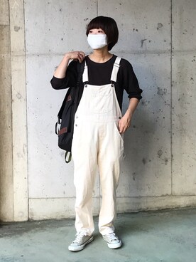「w closet（ダブルクローゼット）のアイテム（サロペット/オーバーオール）」を使った、fumiさん（レディース・159cm）の秋コーディネート