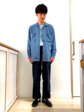 「GLOBAL WORK（グローバルワーク）のUSAコットンリブロンTEE/778535（Tシャツ/カットソー、ブルー系）」を使った、Tatsuya Uedaさん（メンズ・180cm）の春コーディネート
