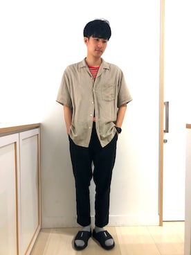 「GLOBAL WORK（グローバルワーク）のリネンオープンカラーシャツ半袖/789422（シャツ/ブラウス、ベージュ系）」を使った、Tatsuya Uedaさん（メンズ・180cm）の夏コーディネート
