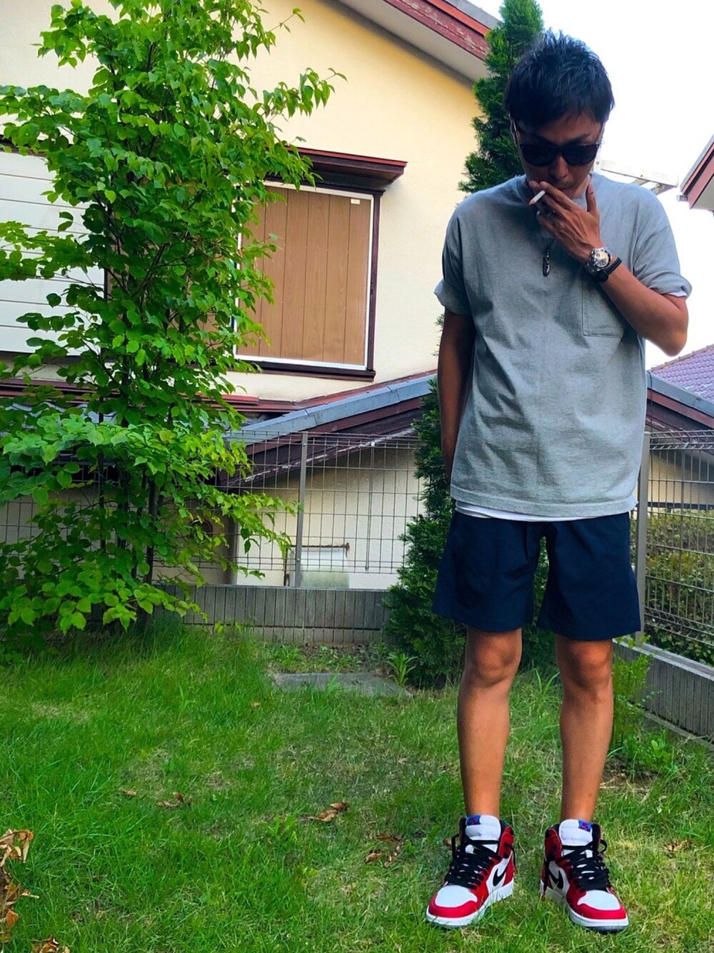 「シンプルコーデ、夏、Jordan、jordan1、GRAMICCI、NIKE、Chrome Hearts、BEAMS、green label relaxing、ray ban」｜「Gramicciの【8/2～新規値下げ】別注 ［グラミチ］SC GRAMICCI GLR ソロ G パッカブル ショートパンツ（その他パンツ、ブルー系）」を使った、Manokoaさん（メンズ・173cm）の夏コーディネートの1枚目の写真