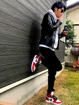 「Jordan」｜「アイテム（ライダースジャケット）」を使った、Manokoaさん（メンズ・173cm）の冬コーディネート