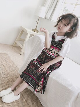 「no brand（ノーブランド）のアイテム（ジャンパースカート）」を使った、makiyoccさん（キッズ・100cm）の春コーディネート