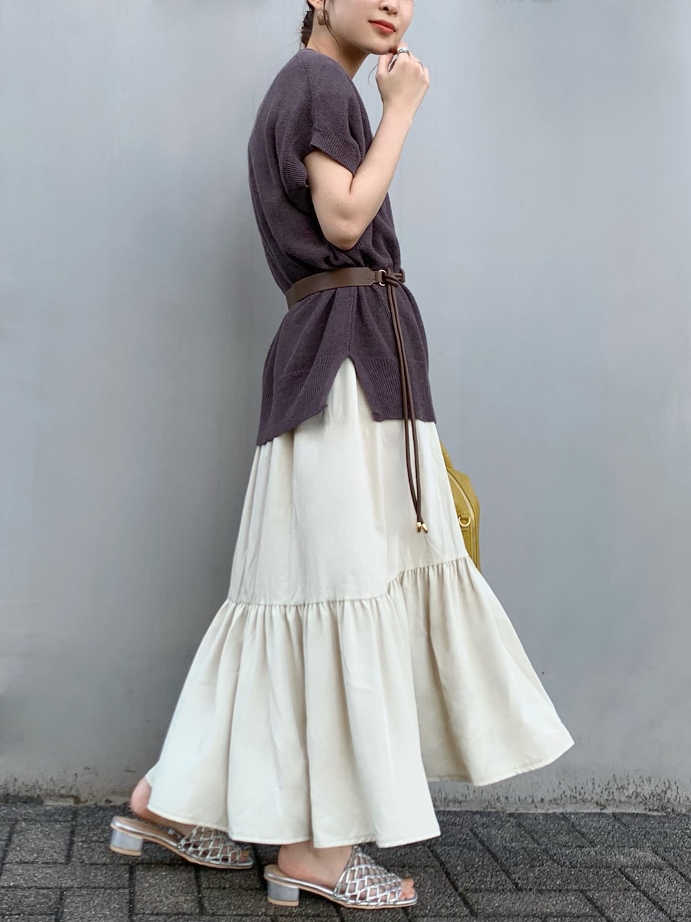 「ワンピース、カジュアル、休日スタイル、ootd、ロペピクニック、夏コーデ、低身長、ROPE' PICNIC(ROPE' PICNIC)、ラクチンコーデ、ティアード」｜「ROPE' PICNICの麻混カノコニットプルオーバー（ニット/セーター、ブラウン系）」を使った、まやさん（レディース・153cm）の夏コーディネートの1枚目の写真