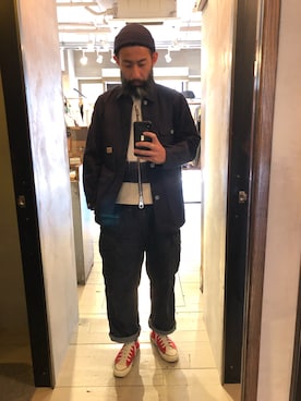 「アイテム（カーゴパンツ、ブルー系）」を使った、navesさん（メンズ・173cm）の春コーディネート