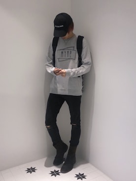「MYne（マイン）のアイテム（スウェット）」を使った、ムラジュンさん（メンズ・172cm）の秋コーディネート