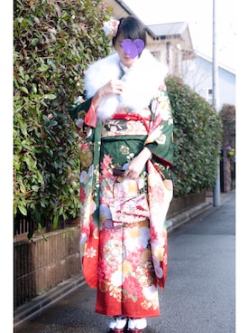 「アイテム（浴衣、グリーン系）」を使った、shimaさん（レディース・170cm）の冬コーディネート