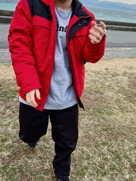「アイテム（ダウンジャケット/コート、レッド系）」を使った、Shunsukeさん（メンズ・168cm）の冬コーディネート
