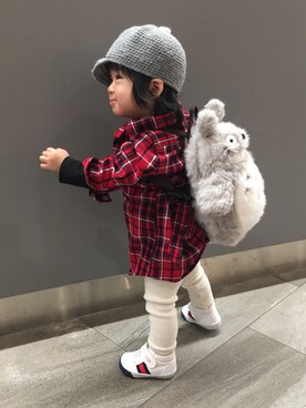 「Moujonjon（ムージョンジョン）のアイテム（レッグウェア）」を使った、Nanaさん（キッズ・70cm）の冬コーディネート