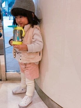 「Moujonjon（ムージョンジョン）のアイテム（レッグウェア）」を使った、Nanaさん（キッズ・80cm）の秋コーディネート