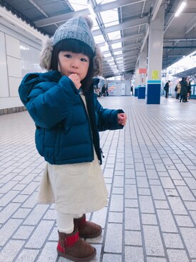 「Moujonjon（ムージョンジョン）のアイテム（レッグウェア）」を使った、Nanaさん（キッズ・80cm）の冬コーディネート