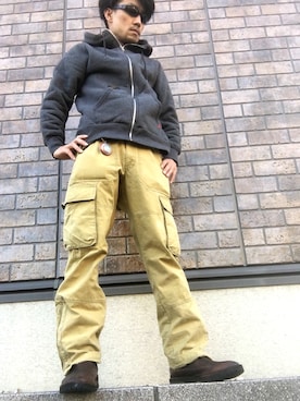 「アイテム（カーゴパンツ、イエロー系）」を使った、たまちんさん（メンズ・173cm）の冬コーディネート
