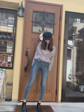 「MOUSSY（マウジー）のアイテム（キャスケット）」を使った、RIKAKOさん（レディース・161cm）の春コーディネート