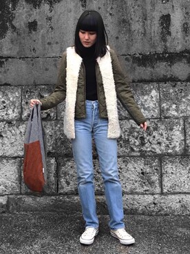 「UNIQLO（ユニクロ）のエクストラファインメリノリブタートルネックセーター（長袖）（ニット/セーター）」を使った、nanamiさん（レディース・164cm）の春コーディネート