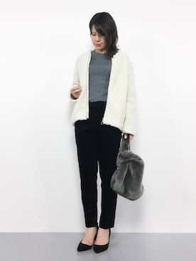 「黒パンツ」｜「アイテム（ノーカラージャケット）」を使った、natsumiさん（レディース・160cm）の冬コーディネート