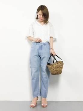 「coen（コーエン）のテーパードスリム5ポケットデニムパンツ（デニムパンツ）」を使った、natsumiさん（レディース・160cm）の夏コーディネート