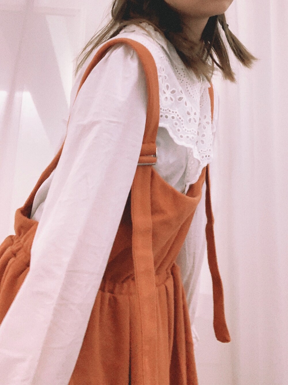 「休日スタイル、春色、春、ootd、今日のコーデ、シンプルコーデ」｜「MERLOTのアイテム（サロペット/オーバーオール、オレンジ系）」を使った、Colaaaa030さん（レディース・153cm）の春コーディネートの1枚目の写真