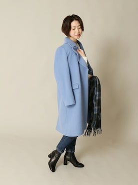 「サックスブルー」｜「アイテム（ステンカラーコート）」を使った、michiruさん（レディース・162cm）の冬コーディネート
