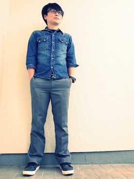 「N.HOOLYWOOD（N.ハリウッド）のアイテム（チノパンツ）」を使った、アメリカンさん（メンズ・166cm）の秋コーディネート