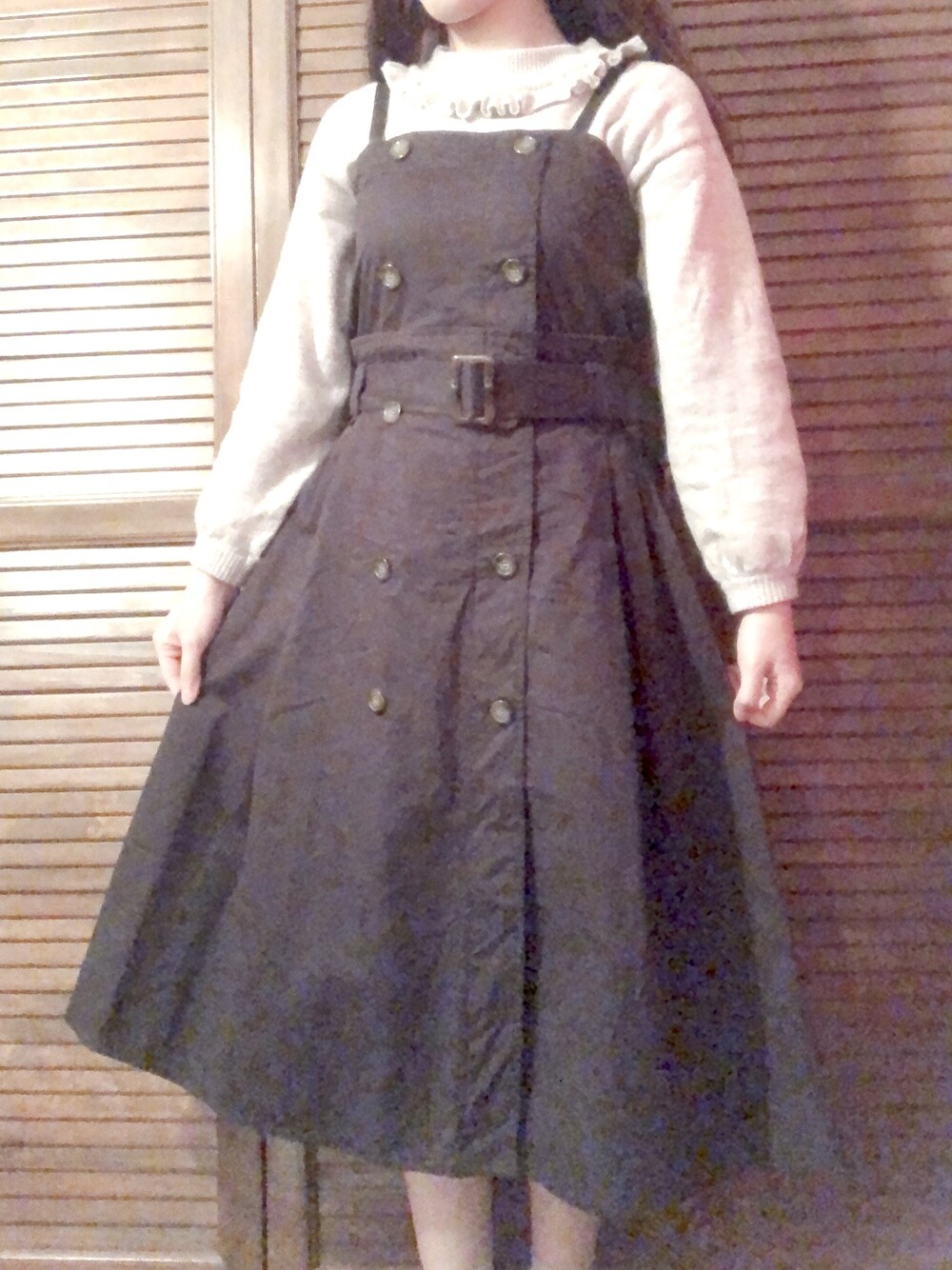 「今日のコーデ、休日スタイル、黒、いいね、save、フォローお願いします🤑、ハイネック、ニット、w closet、ジャンパースカート」｜「no brandのアイテム（ジャンパースカート、ブラック系）」を使った、maiさん（レディース・159cm）の秋コーディネートの1枚目の写真