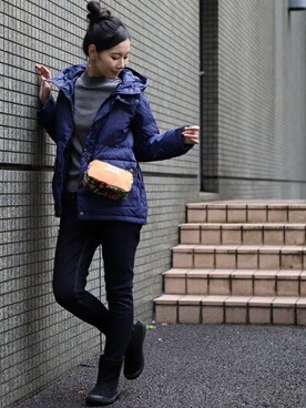 「チチカカ」｜「アイテム（ダウンジャケット/コート）」を使った、さなだまるさん（レディース・166cm）の冬コーディネート