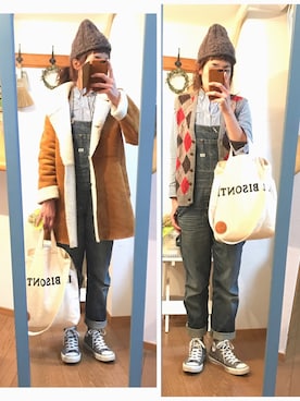 「ニットベスト」｜「アイテム（ムートンコート）」を使った、uzukanさん（レディース・158cm）の冬コーディネート