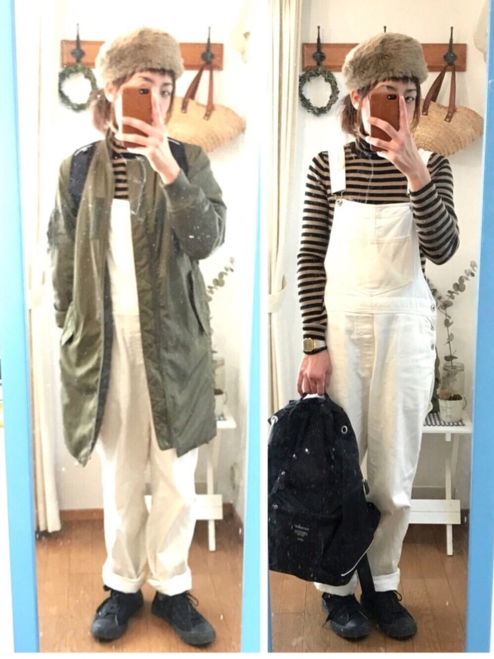 「白パンツ、カジュアル、オーバーオール、ボーダー、GU、カーキアウター、サロペット、リュック」｜「GUのアイテム（ミリタリージャケット、グリーン系）」を使った、uzukanさん（レディース・158cm）の冬コーディネートの1枚目の写真