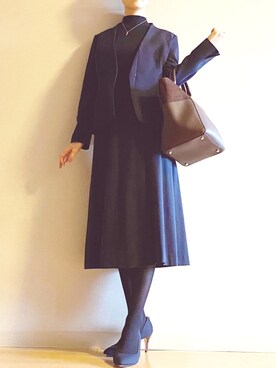 「ネイビーコーデ」｜「アイテム（ノーカラージャケット）」を使った、chihoさん（レディース・160cm）の秋コーディネート