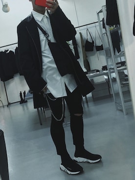 「BALENCIAGA」｜「アイテム（ライダースジャケット）」を使った、Ko🤗さん（メンズ・164cm）の夏コーディネート