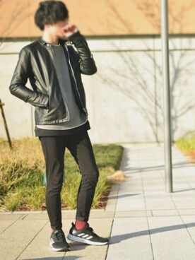 「THE CASUAL（カジュアル）のアイテム（ライダースジャケット）」を使った、HALさん（メンズ・172cm）の冬コーディネート