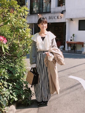 「ストライプパンツ」｜「アイテム（トレンチコート）」を使った、miwachuさん（レディース・156cm）の春コーディネート