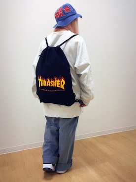 「THRASHER（スラッシャー）のアイテム」を使った、RiNc長町さん（レディース・150cm）の春コーディネート