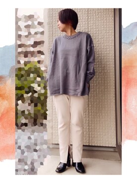 「select MOCA（セレクトモカ）の2020 A/W デザインステッチオーバーニット/ラウンドネックサイドスリットリブ袖オーバーサイズニット（ニット/セーター、ブルー系）」を使った、大月 梓さん（レディース・164cm）の秋コーディネート