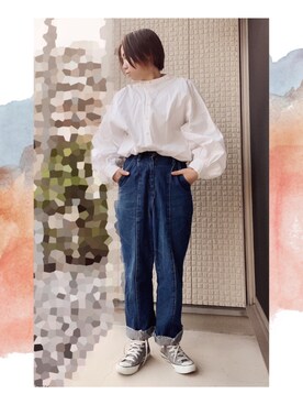 「KBF（ケイビーエフ）のリメイクボーイズデニム（デニムパンツ、ブルー系）」を使った、大月 梓さん（レディース・164cm）の冬コーディネート