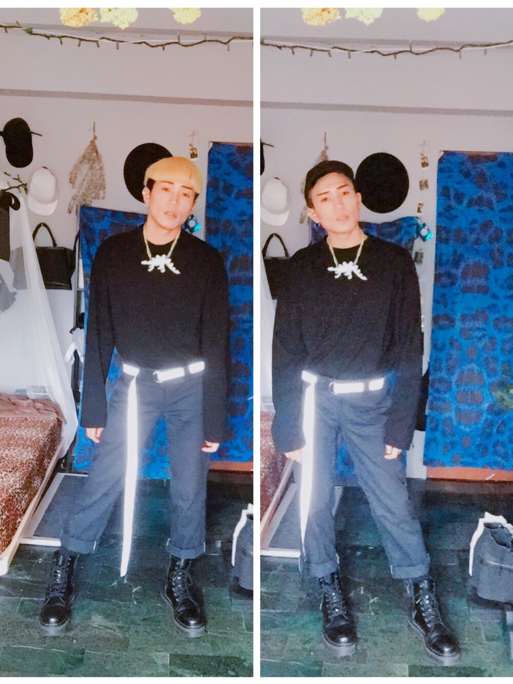 「ootd、black、Dickies、vii&co、xanadu、Dr.Martens、Room、boy、bye bye gold hair、Taiwan」｜「VII&COのアイテム（Tシャツ/カットソー、ブラック系）」を使った、Room Boy Evanさん（メンズ・174cm）の春コーディネートの1枚目の写真