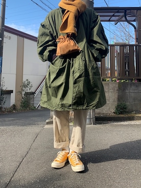 「巾着バッグ」｜「アイテム（モッズコート）」を使った、けろんさん（メンズ・175cm）の冬コーディネート