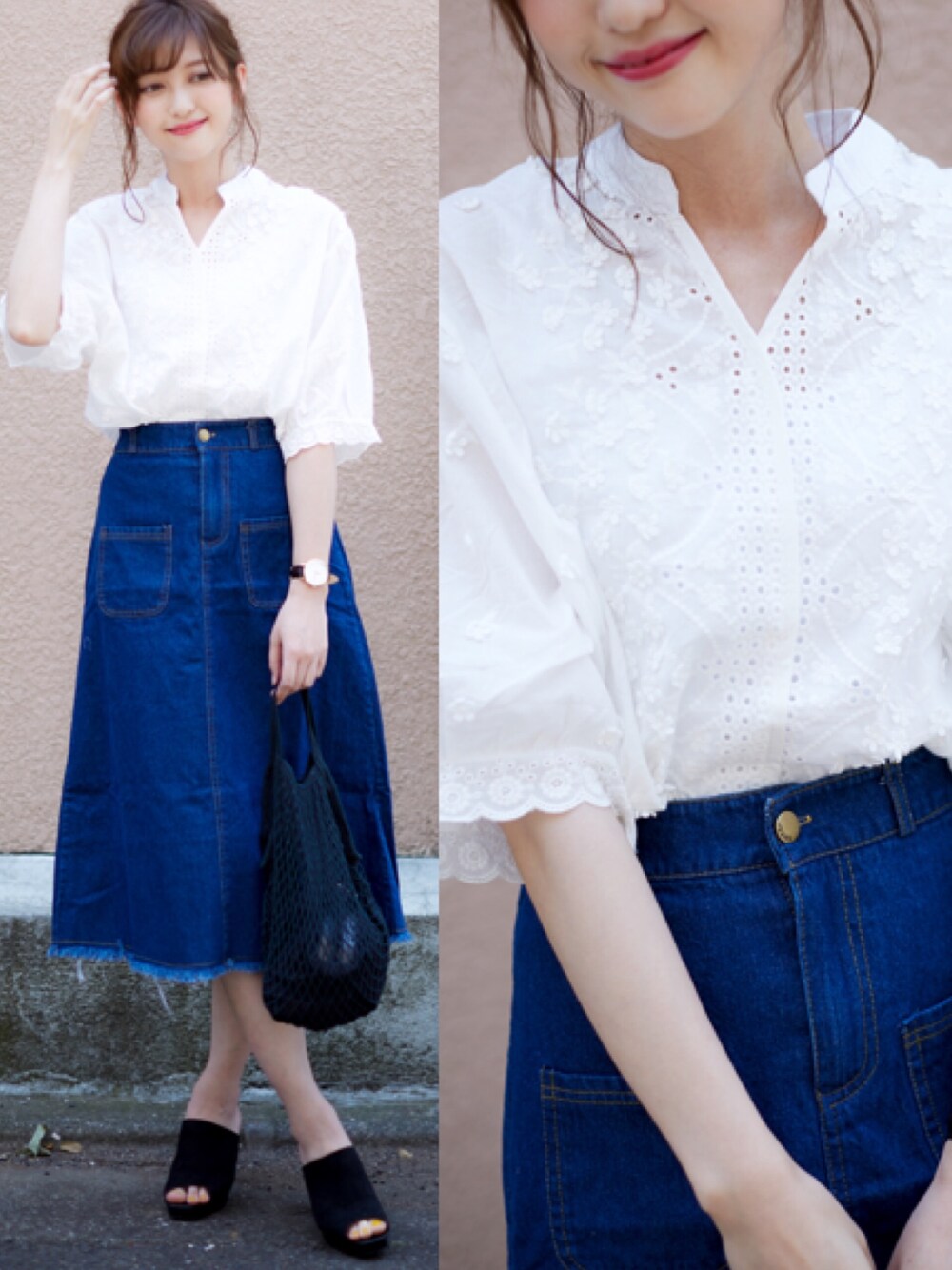 「夏コーデ、大人カジュアル、ラフ、カジュアルコーデ、GU、プチプラ、プチプラコーデ」｜「CHEER CLOSETの【プチプラのあや】花柄刺繍カットワークパンチングレースブラウス（シャツ/ブラウス、ホワイト系）」を使った、プチプラのあやさん（レディース・167cm）の夏コーディネートの1枚目の写真
