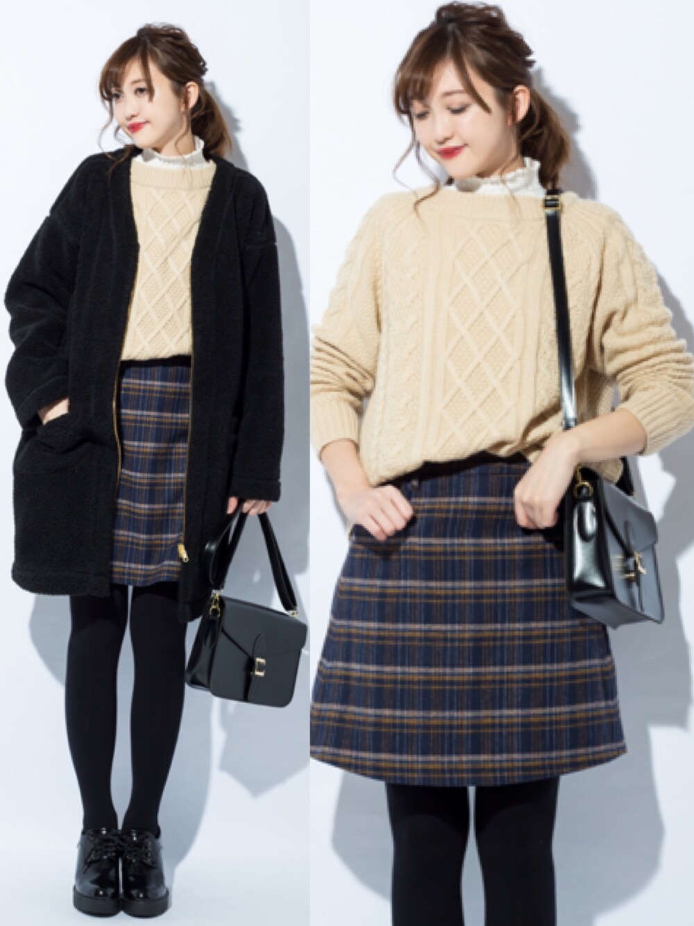 「シンプルコーデ、プチプラコーデ、もこもこ、大人ガーリー、チェック、フリルネック、GU、ケーブルニット、ショートブーツ」｜「CHEER CLOSETの【INKWELL】ケーブル編みニットトップス（ニット/セーター、ブラウン系）」を使った、プチプラのあやさん（レディース・167cm）の冬コーディネートの1枚目の写真