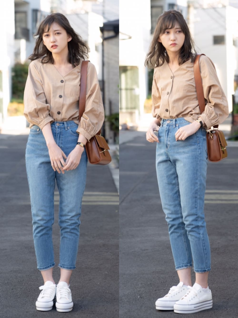 ベージュ系のシャツ/ブラウス、ブルー系のデニムパンツ、ブラウン系のショルダーバッグを着用したレディースの春コーディネートの1枚目の写真