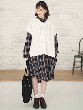 「ケーブルニット」｜「アイテム（シャツワンピース）」を使った、プチプラのあやさん（レディース・167cm）の冬コーディネート