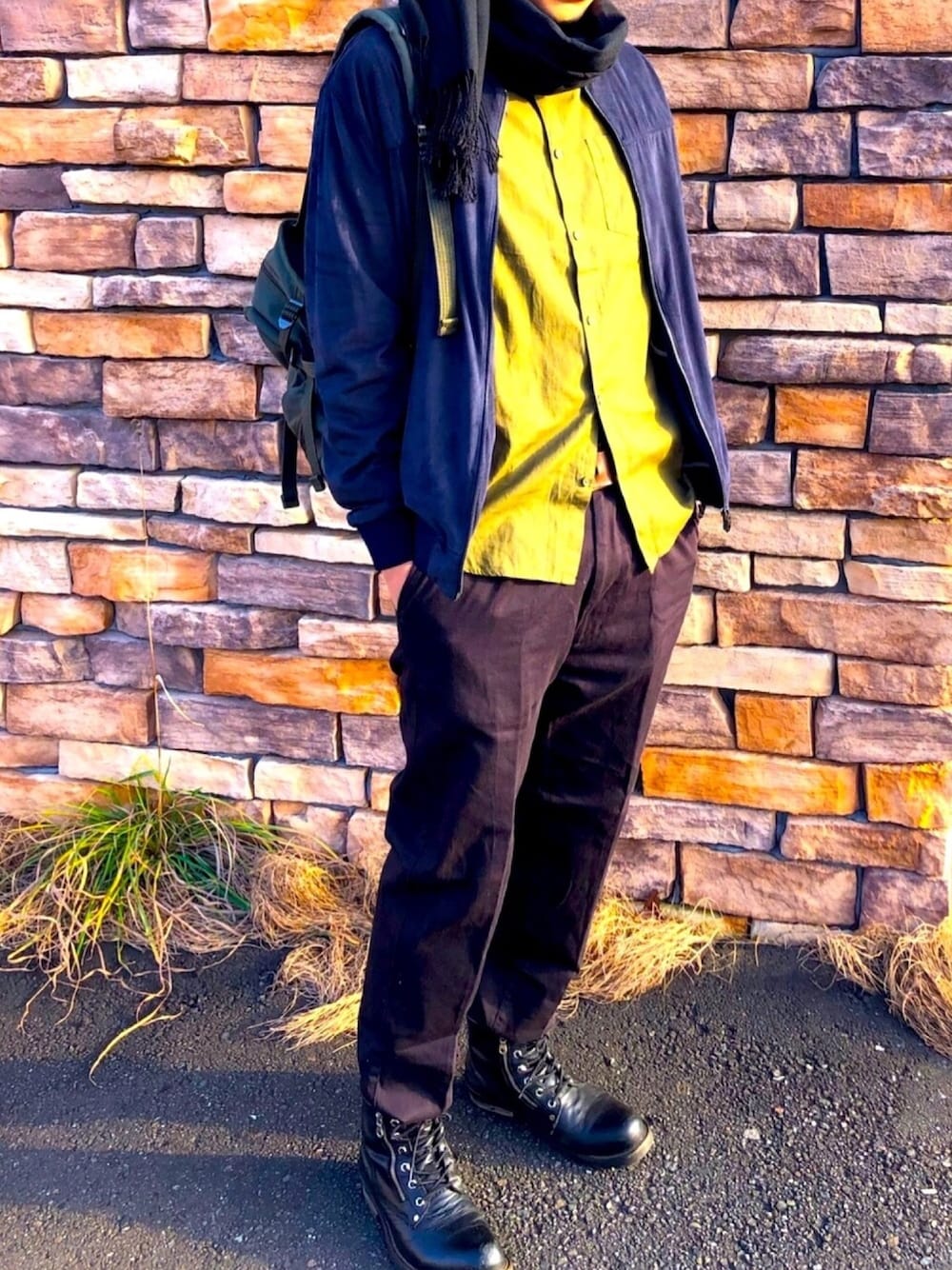「お洒落さんとつながりたい、オーバーサイズ、大人カジュアル、スタンドカラー、Bershka、ZARA、AVIREX、UNIQLO、AZUL by moussy、Diesel」｜「BOREDOMのグッドイヤー製法　ダブルジップレースアップレザーブーツ（ブーツ、ブラック系）」を使った、Kさん（メンズ・175cm）の秋コーディネートの1枚目の写真
