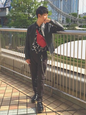 「LACOSTE」｜「アイテム（ライダースジャケット）」を使った、KAZUMAさん（メンズ・170cm）の春コーディネート