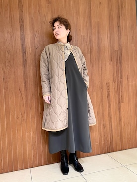 「柄シャツ」｜「アイテム（ノーカラージャケット）」を使った、SHOさん（レディース・153cm）の冬コーディネート