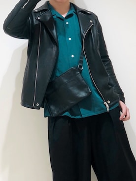 「ノーカラーシャツ」｜「アイテム（ライダースジャケット）」を使った、河村龍哉さん（メンズ・170cm）の春コーディネート