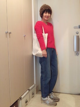 「NEWBALANCE」｜「アイテム（ニットキャップ/ビーニー）」を使った、ナオさん（レディース・162cm）の冬コーディネート